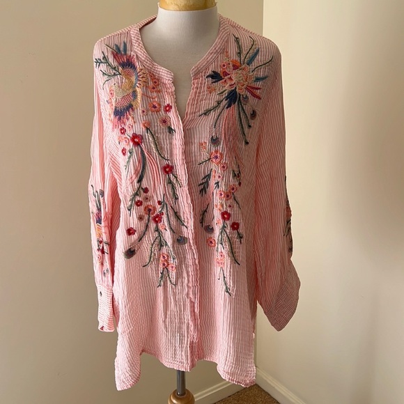 JOHNNY WAS Size XL Karen Voyager striped embroidered long sleeve tunic top